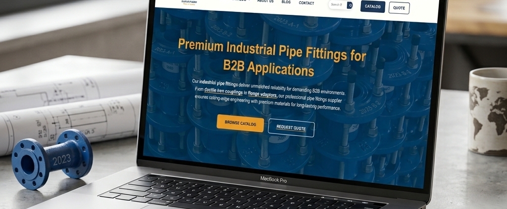 Mockup de fmpipefitting.com — catálogo B2B industrial de pipe fittings en WordPress