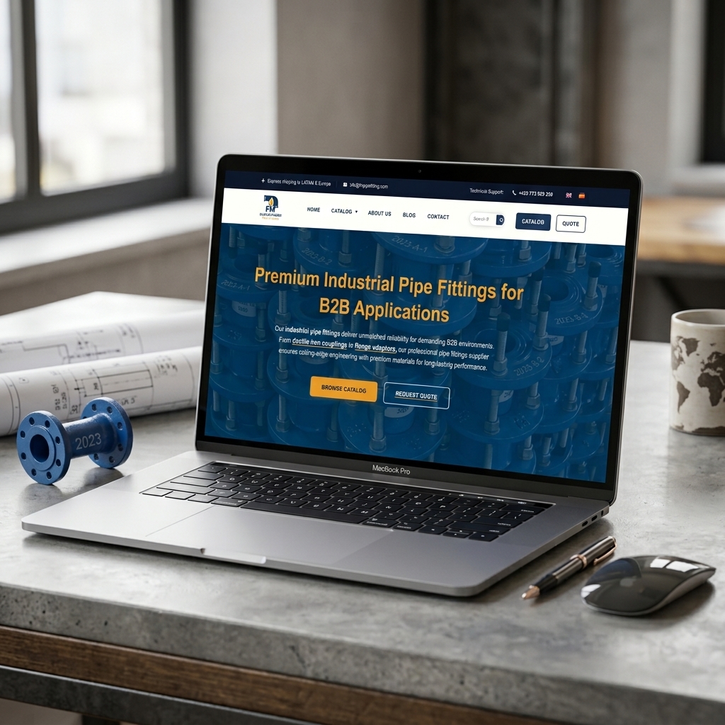 Mockup de fmpipefitting.com — catálogo B2B industrial de pipe fittings en WordPress
